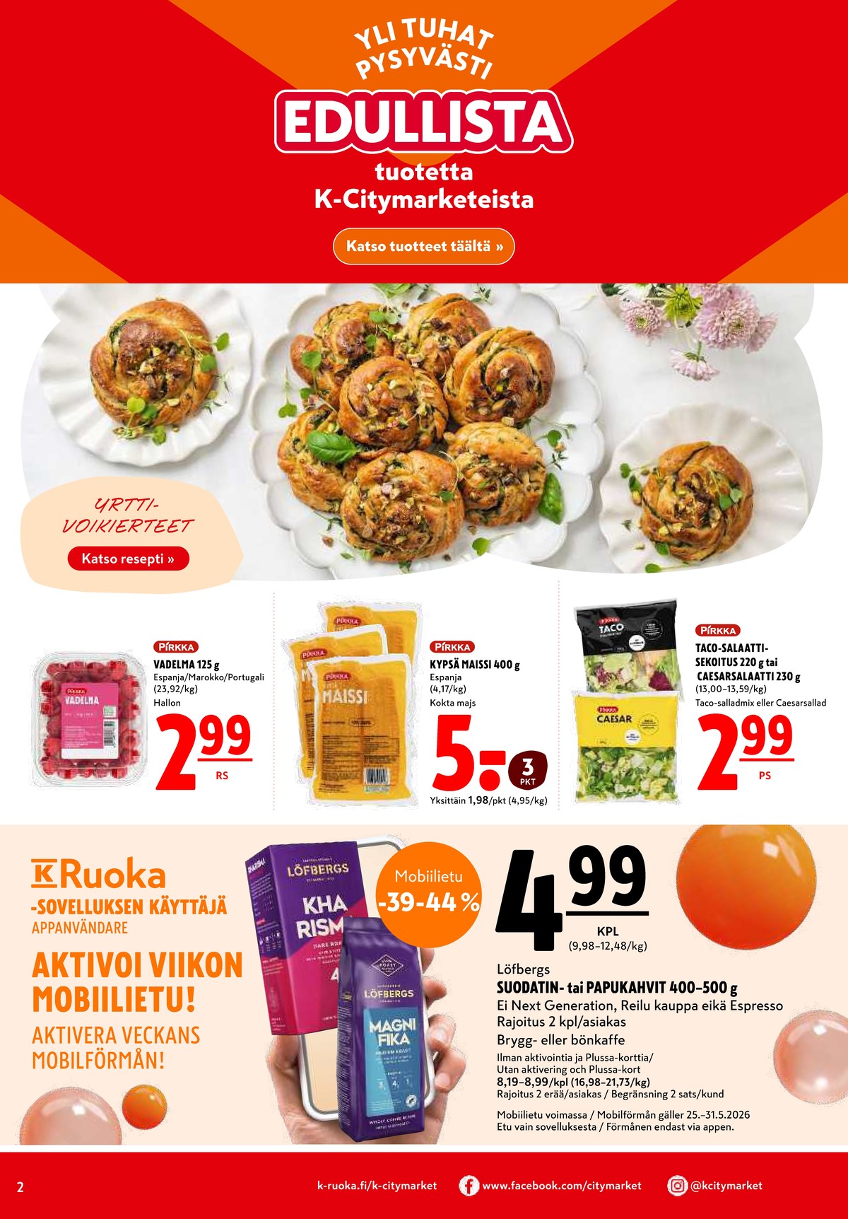 Katso ketjun K-Citymarket tarjouslehti viikolta 22 sivustolla Viikkotarjoukset.fi. Löydät monia hyviä tarjouksia erilaisista tuotteista. Lue tarjouslehti täältä! Sivu 2