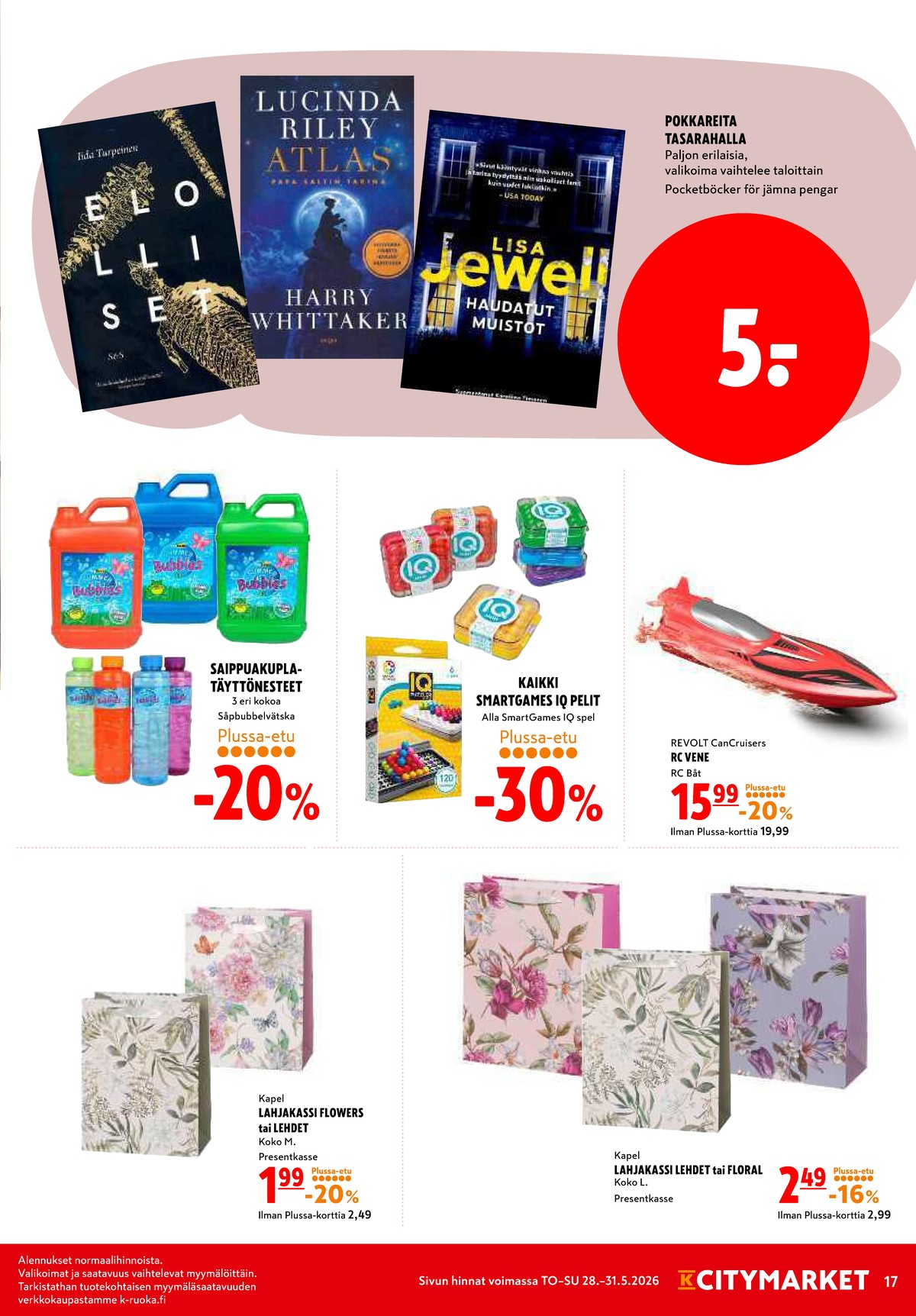 Katso ketjun K-Citymarket tarjouslehti viikolta 22 sivustolla Viikkotarjoukset.fi. Löydät monia hyviä tarjouksia erilaisista tuotteista. Lue tarjouslehti täältä! Sivu 17