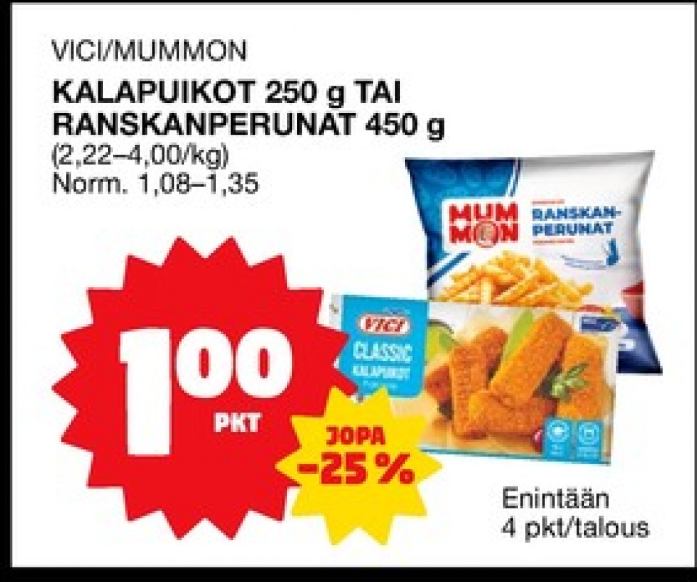 Tarjoukset ja hintavertailu haulla Mummon, , Aidot poimutetut ranskanperunat 0.450 kg 1 Pussi €1.00