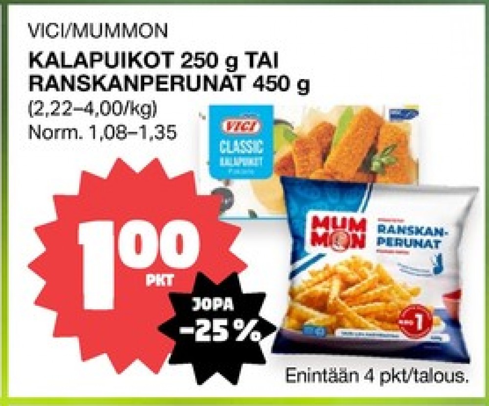 Tarjoukset ja hintavertailu haulla Mummon, , Aidot poimutetut ranskanperunat 0.450 kg 1 Pussi €1.00