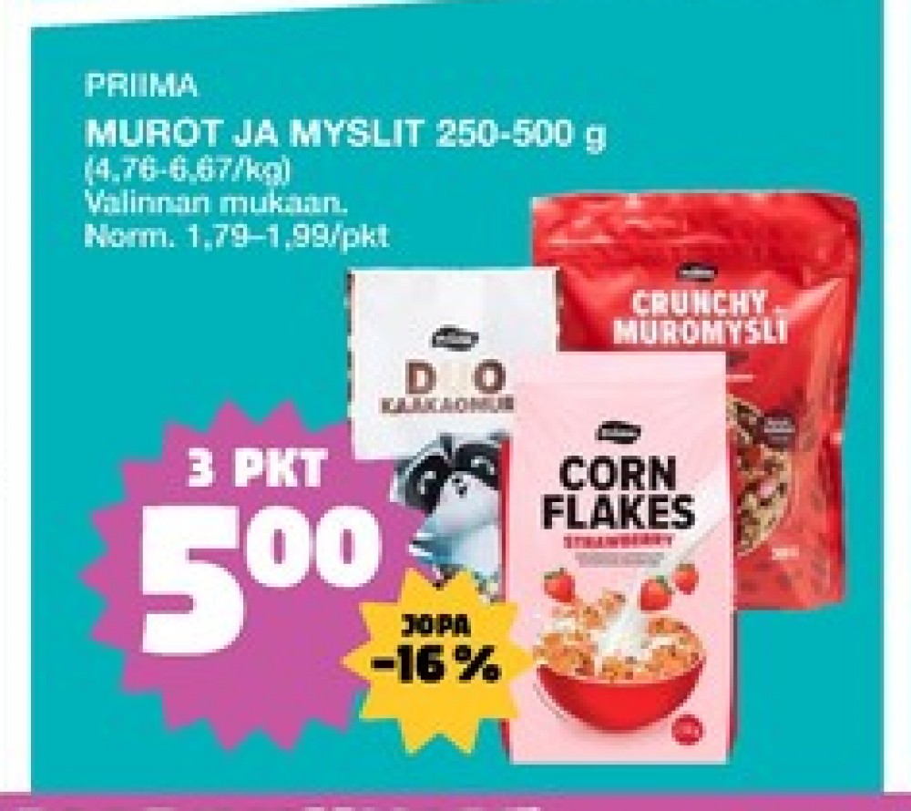 Tarjoukset ja hintavertailu haulla Priima, , Aamiaistuotteet 0.250 kg 3 paketti(a) €5.00