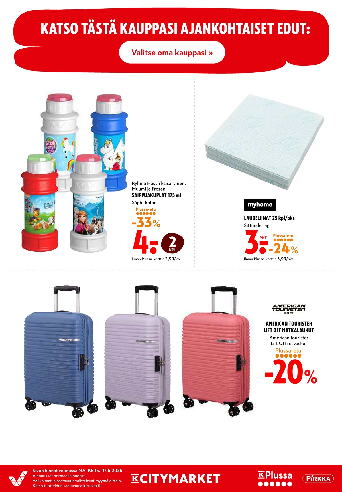 Katso ketjun K-Citymarket tarjouslehti viikolta 25 sivustolla Viikkotarjoukset.fi. Löydät monia hyviä tarjouksia erilaisista tuotteista. Lue tarjouslehti täältä! Sivu 20