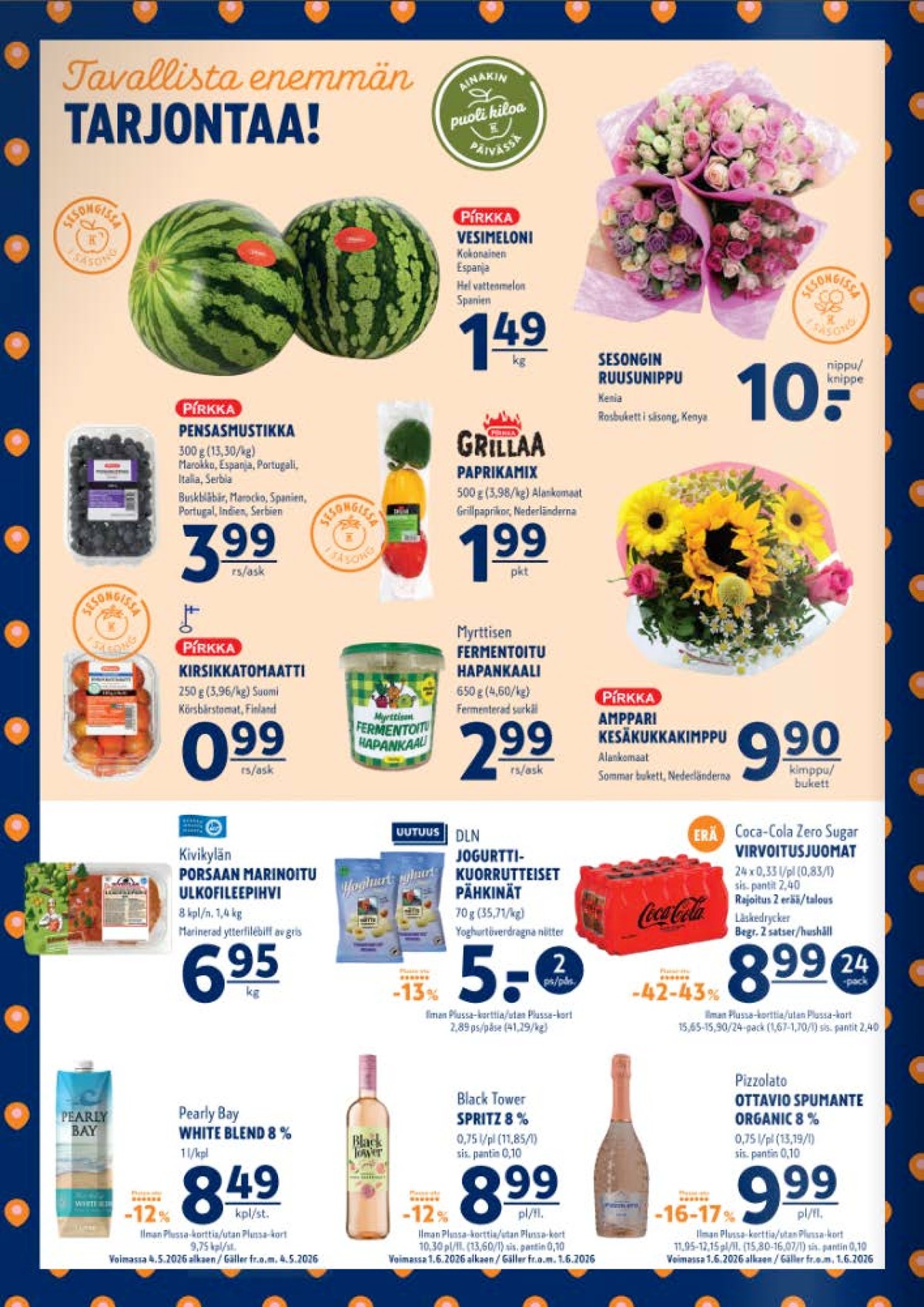 Katso ketjun K-Supermarket tarjouslehti viikolta 25 sivustolla Viikkotarjoukset.fi. Löydät monia hyviä tarjouksia erilaisista tuotteista, esimerkiksi vesimelonit pirkka tai kukkakimput ei määritelty. Lue tarjouslehti täältä! Sivu 2