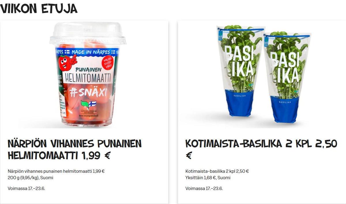 Katso ketjun Alepa tarjouslehti viikolta 25 sivustolla Viikkotarjoukset.fi. Löydät monia hyviä tarjouksia erilaisista tuotteista, esimerkiksi tomaatit närpiön vihannes tai ruukkuyrtit kotimaista. Lue tarjouslehti täältä! Sivu 2
