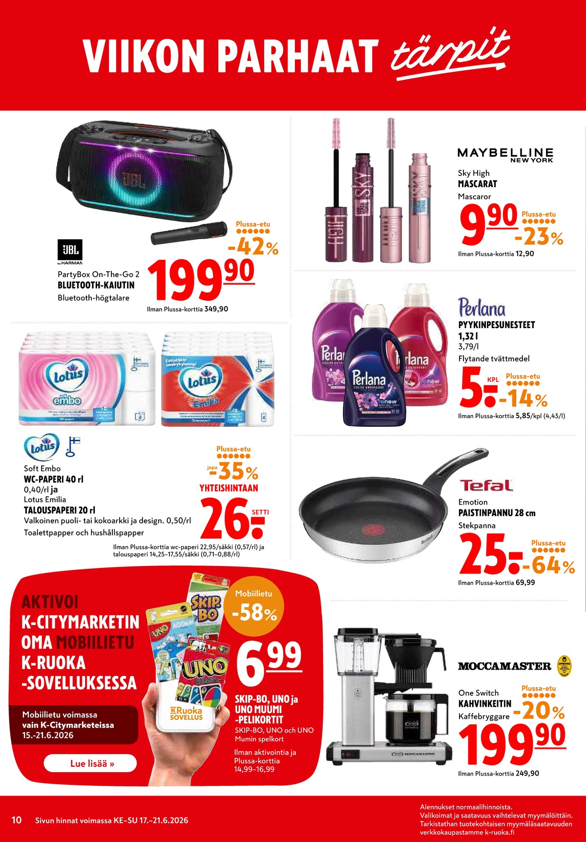 Katso ketjun K-Citymarket tarjouslehti viikolta 25 sivustolla Viikkotarjoukset.fi. Löydät monia hyviä tarjouksia erilaisista tuotteista, esimerkiksi bluetooth-kaiuttimet jbl tai wc-ja talouspaperipakkaus lotus. Lue tarjouslehti täältä! Sivu 10