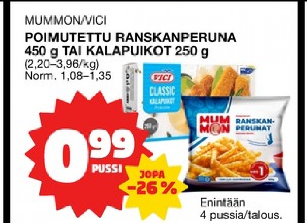 Tarjoukset ja hintavertailu haulla Mummon, , Aidot poimutetut ranskanperunat 0.450 kg 1 Pussi €0.99