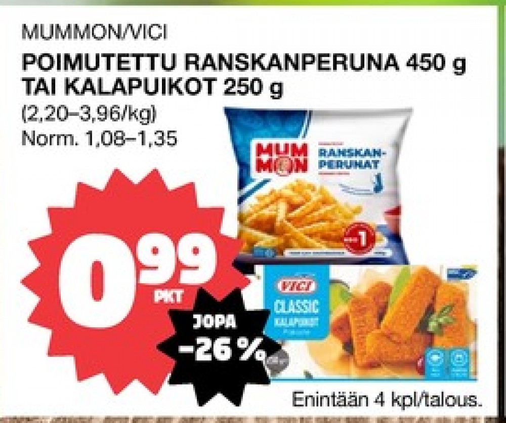 Tarjoukset ja hintavertailu haulla Mummon, , Aidot poimutetut ranskanperunat 0.450 kg 1 Pussi €0.99