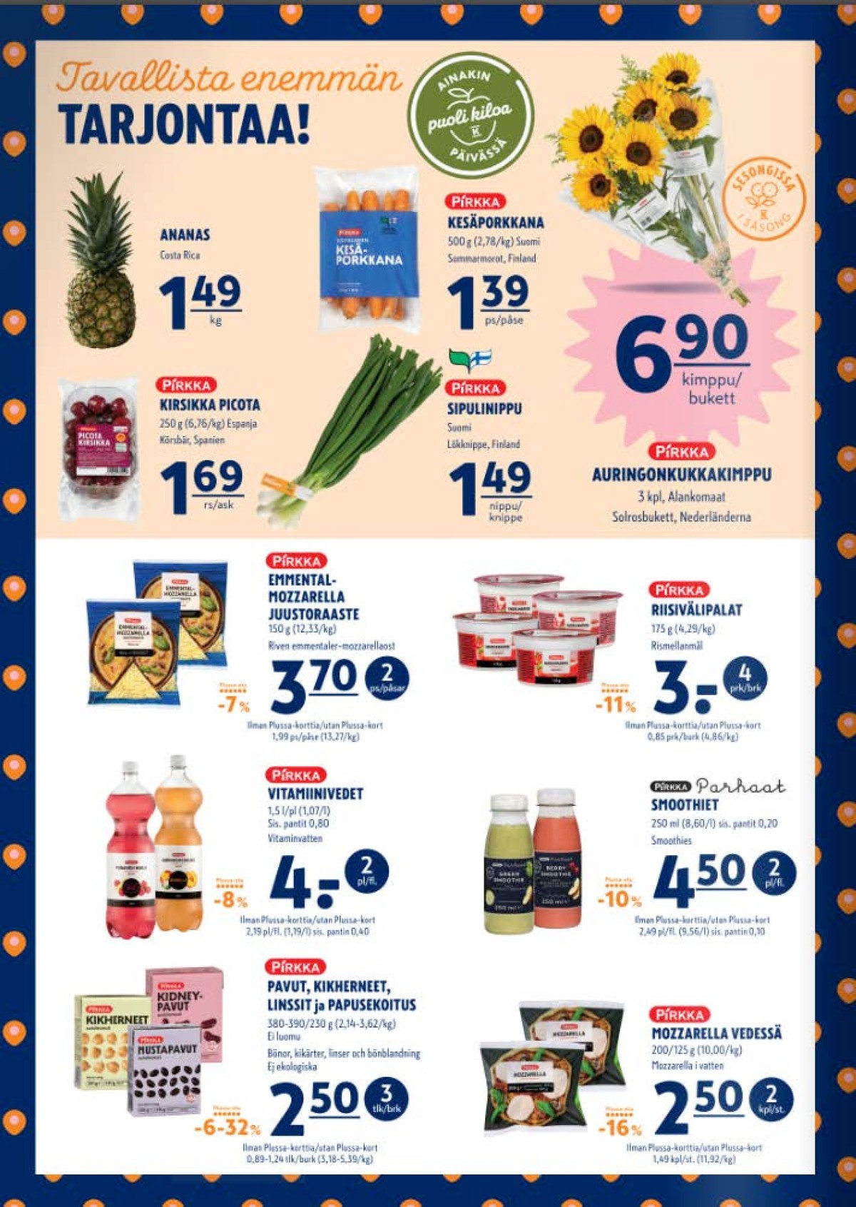 Katso ketjun K-Supermarket tarjouslehti viikolta 27 sivustolla Viikkotarjoukset.fi. Löydät monia hyviä tarjouksia erilaisista tuotteista, esimerkiksi ananakset rainbow tai porkkanat pirkka. Lue tarjouslehti täältä! Sivu 2