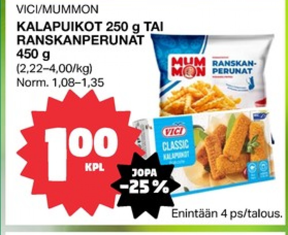Tarjoukset ja hintavertailu haulla Mummon, , Aidot poimutetut ranskanperunat 0.450 kg 1 Pussi €1.00