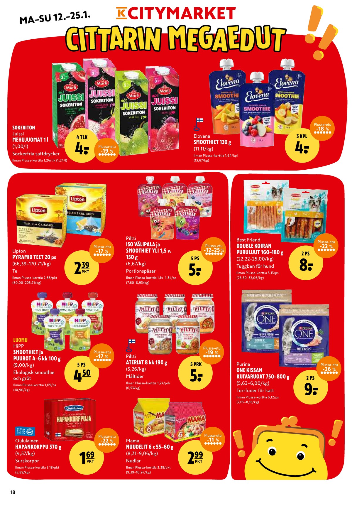 Katso ketjun K-Citymarket tarjouslehti viikolta 3 sivustolla Viikkotarjoukset.fi. Löydät monia hyviä tarjouksia erilaisista tuotteista, esimerkiksi hapankorput oululainen tai mehut juissi. Lue tarjouslehti täältä! Sivu 18