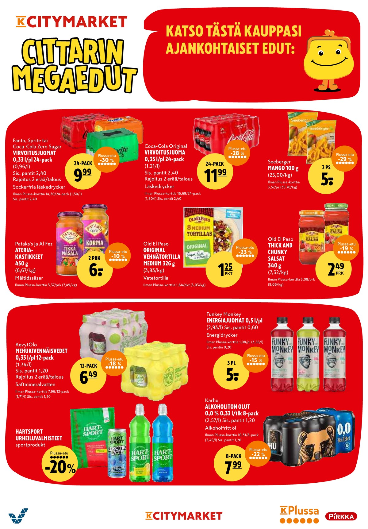 Katso ketjun K-Citymarket tarjouslehti viikolta 3 sivustolla Viikkotarjoukset.fi. Löydät monia hyviä tarjouksia erilaisista tuotteista, esimerkiksi virvoitusjuoma 6 pk funky monkey tai thick n chunky salsa kastike old el paso. Lue tarjouslehti täältä! Sivu 20