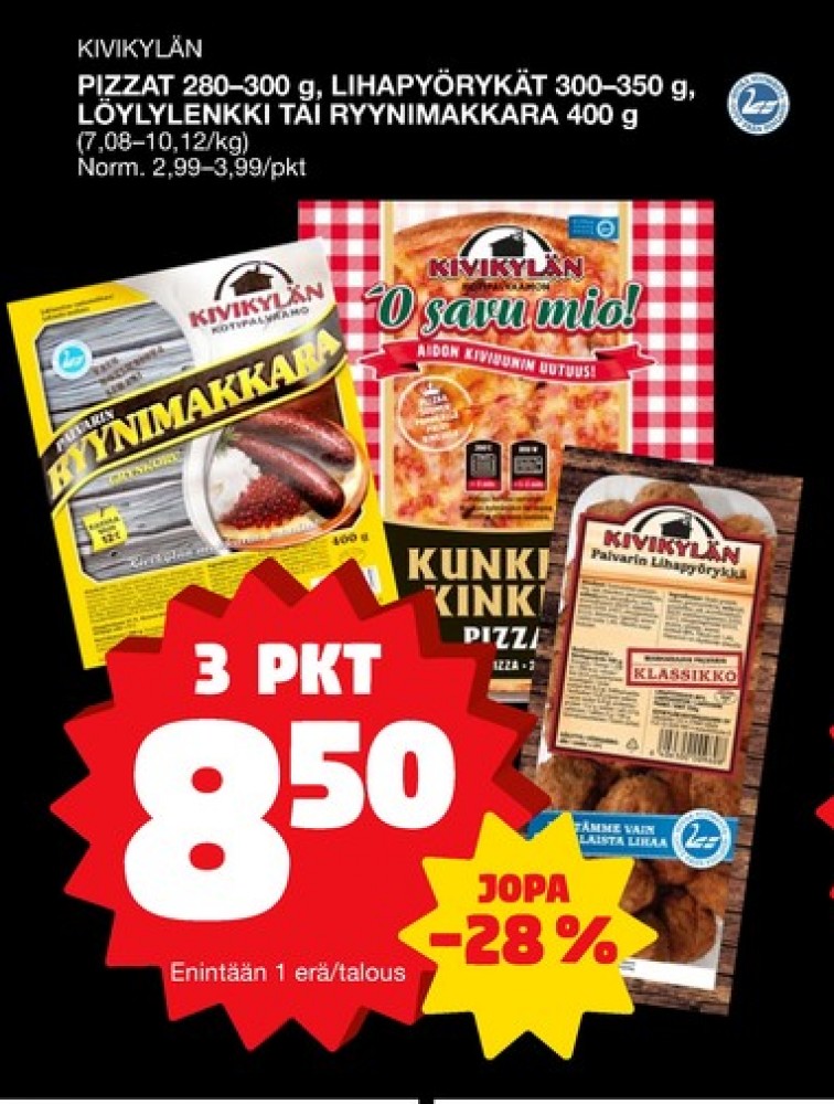 Tarjoukset ja hintavertailu haulla Kivikylä, , Erikoismakkarat 0.400 kg 3 paketti(a) €8.50