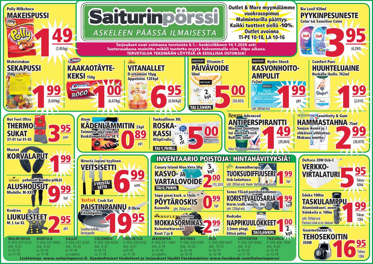 Katso ketjun Saiturin Pörssi tarjouslehti viikolta 3 sivustolla Viikkotarjoukset.fi. Löydät monia hyviä tarjouksia erilaisista tuotteista, esimerkiksi makeiset polly tai karkkipussit ei määritelty. Lue tarjouslehti täältä! Sivu 1