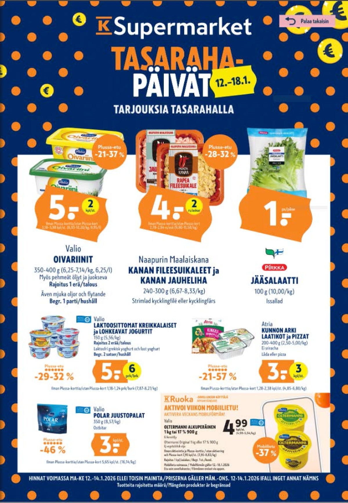 Katso ketjun K-Supermarket tarjouslehti viikolta 3 sivustolla Viikkotarjoukset.fi. Löydät monia hyviä tarjouksia erilaisista tuotteista, esimerkiksi rasvaseos oivariini tai kanan fileesuikaleet naapurin maalaiskana. Lue tarjouslehti täältä! Sivu 1