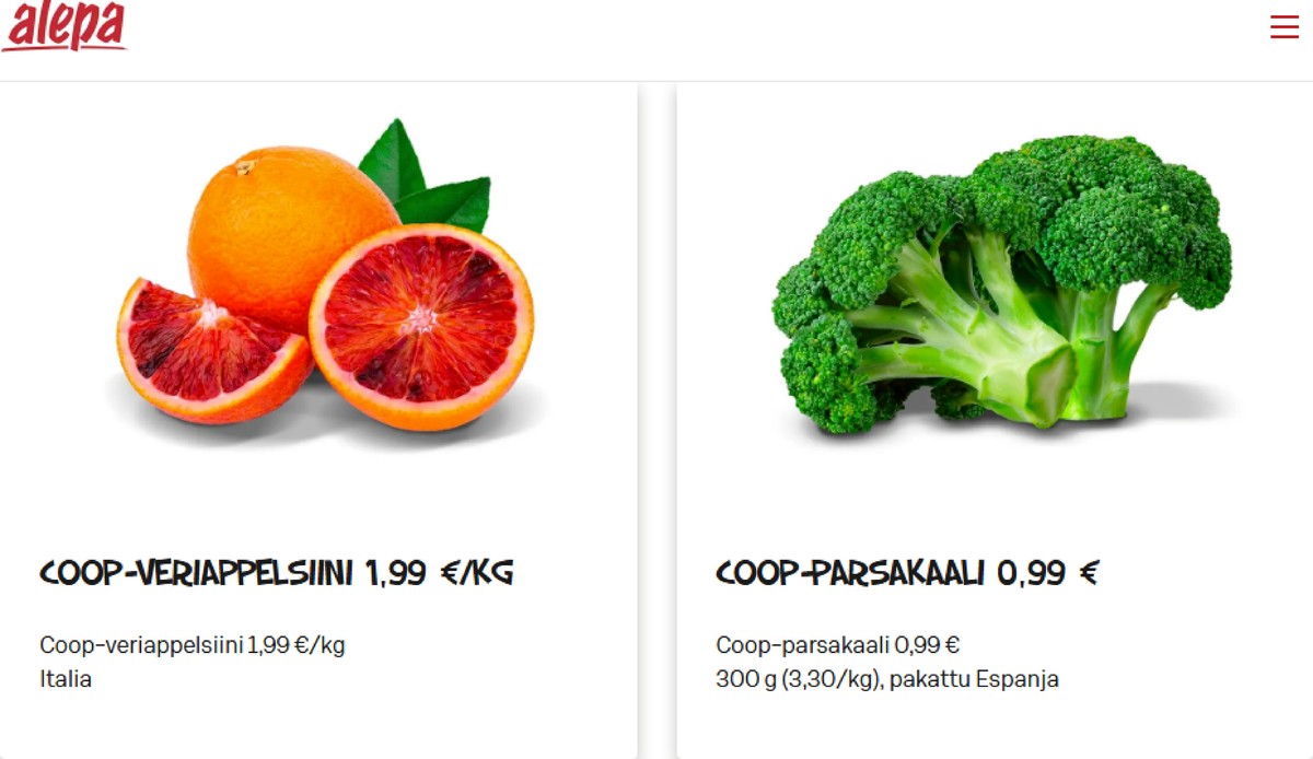 Katso ketjun Alepa tarjouslehti viikolta 3 sivustolla Viikkotarjoukset.fi. Löydät monia hyviä tarjouksia erilaisista tuotteista, esimerkiksi parsakaalit coop tai veriappelsiinit coop. Lue tarjouslehti täältä! Sivu 2