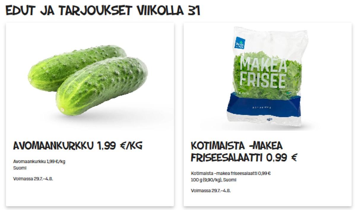 Katso ketjun Alepa tarjouslehti viikolta 31 sivustolla Viikkotarjoukset.fi. Löydät monia hyviä tarjouksia erilaisista tuotteista. Lue tarjouslehti täältä! Sivu 1