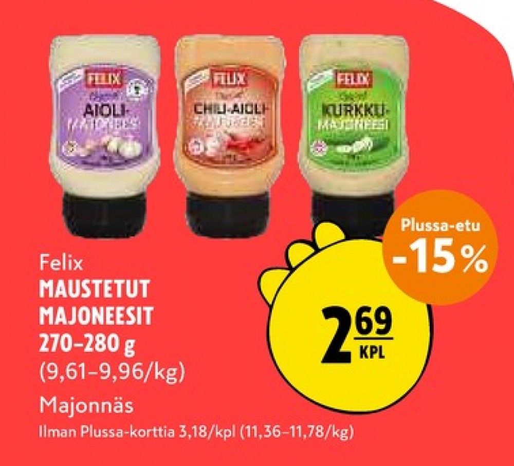 Tarjoukset ja hintavertailu haulla Felix, , Aioli majoneesi 0.270 kg 1 Purkki(a) €2.69