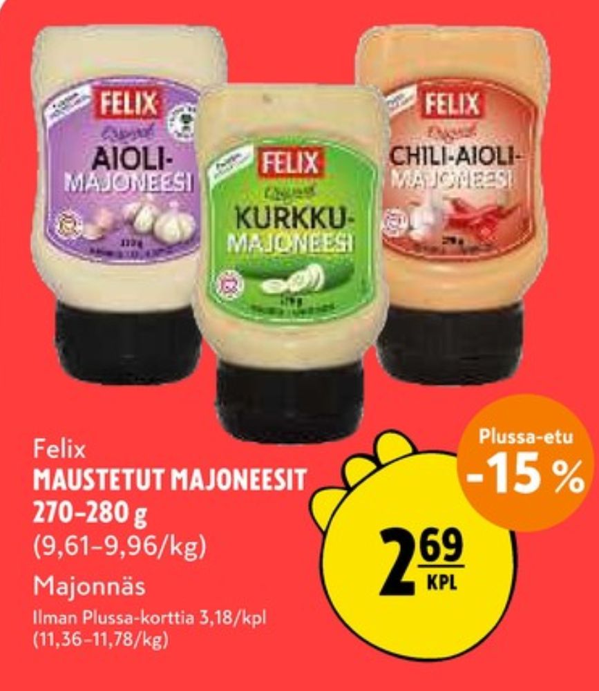 Tarjoukset ja hintavertailu haulla Felix, , Aioli majoneesi 0.270 kg 1 Purkki(a) €2.69
