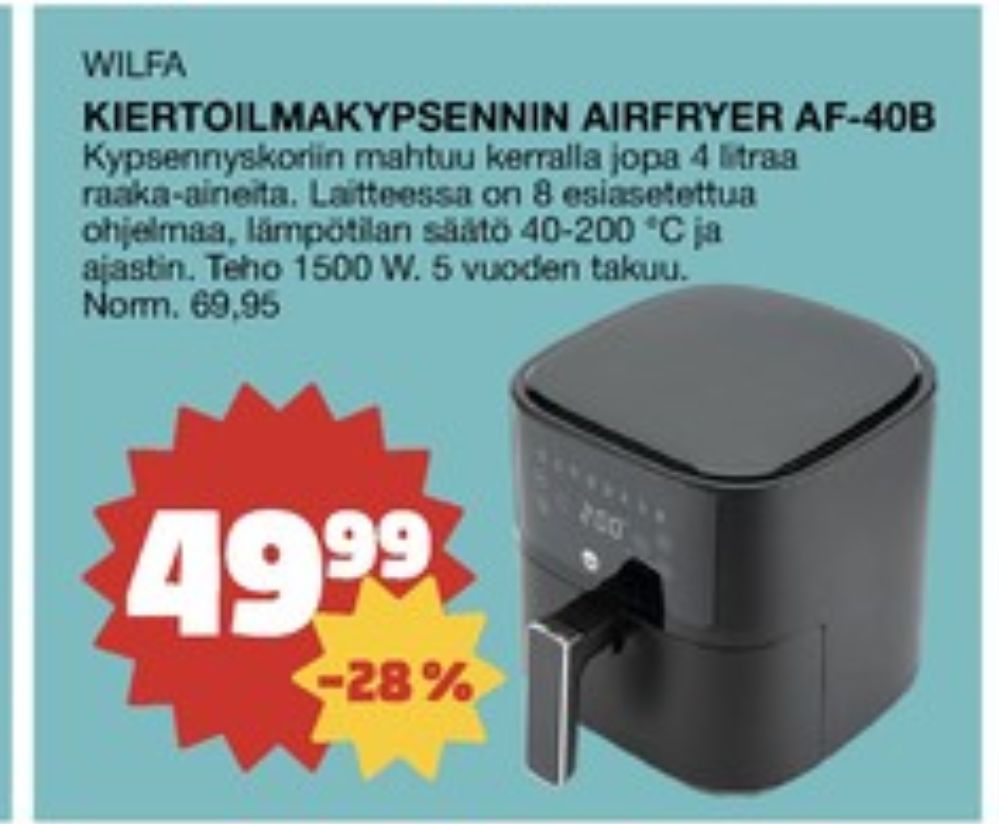 Tarjoukset ja hintavertailu haulla Wilfa, , Airfryer 0.000 kpl 1 kappale €49.99