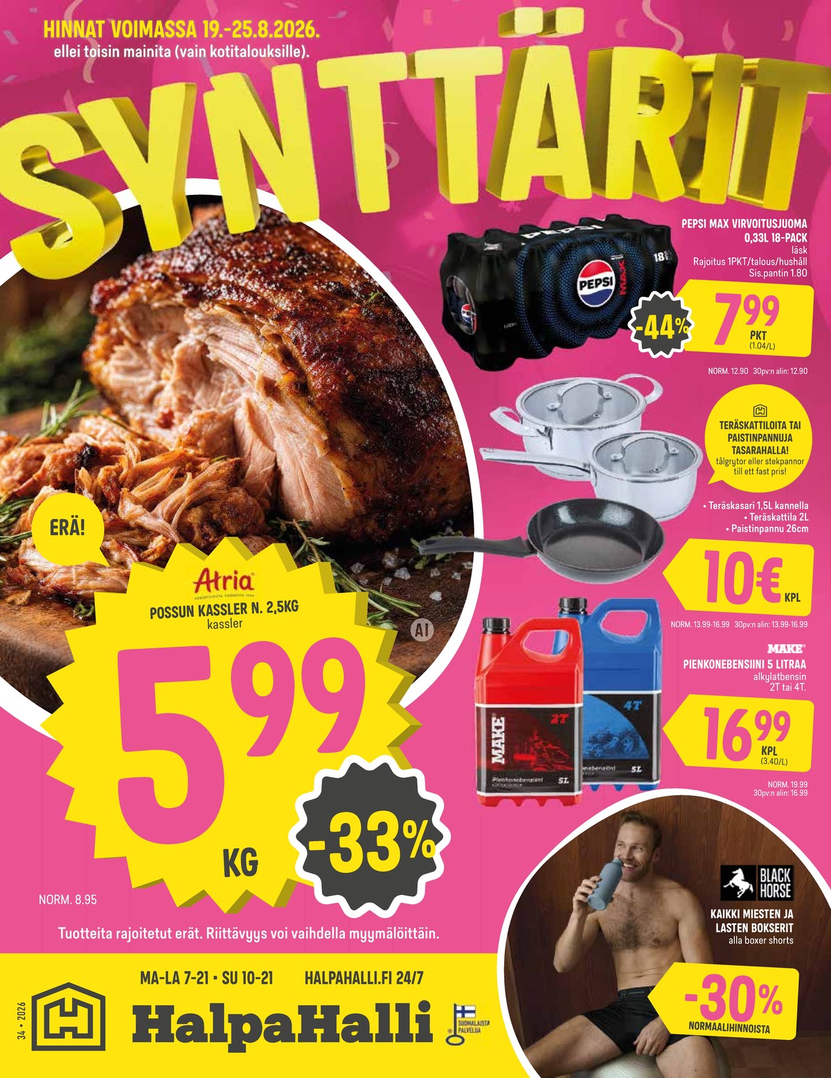 Katso ketjun Halpa Halli tarjouslehti viikolta 34 sivustolla Viikkotarjoukset.fi. Löydät monia hyviä tarjouksia erilaisista tuotteista. Lue tarjouslehti täältä! Sivu 1