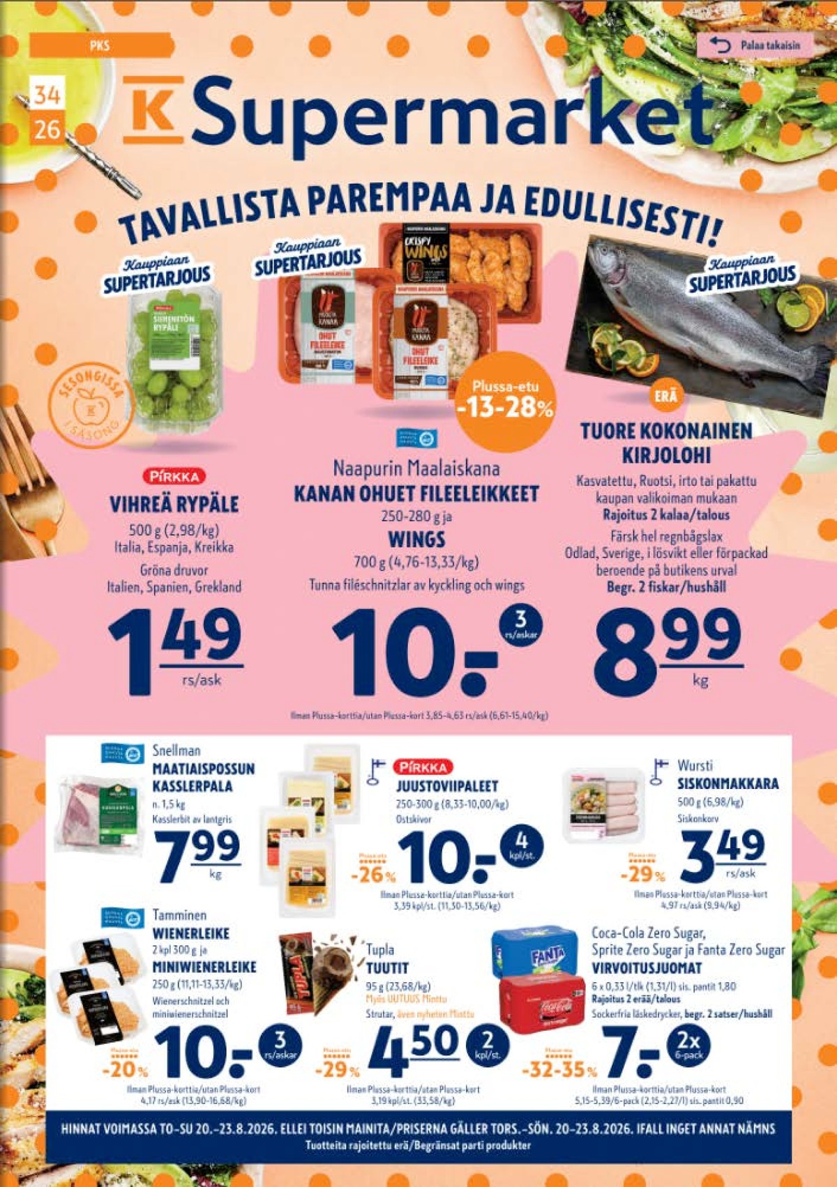 Katso ketjun K-Supermarket tarjouslehti viikolta 34 sivustolla Viikkotarjoukset.fi. Löydät monia hyviä tarjouksia erilaisista tuotteista, esimerkiksi rypäleet pirkka tai kanan fileeleikkeet naapurin maalaiskana. Lue tarjouslehti täältä! Sivu 1