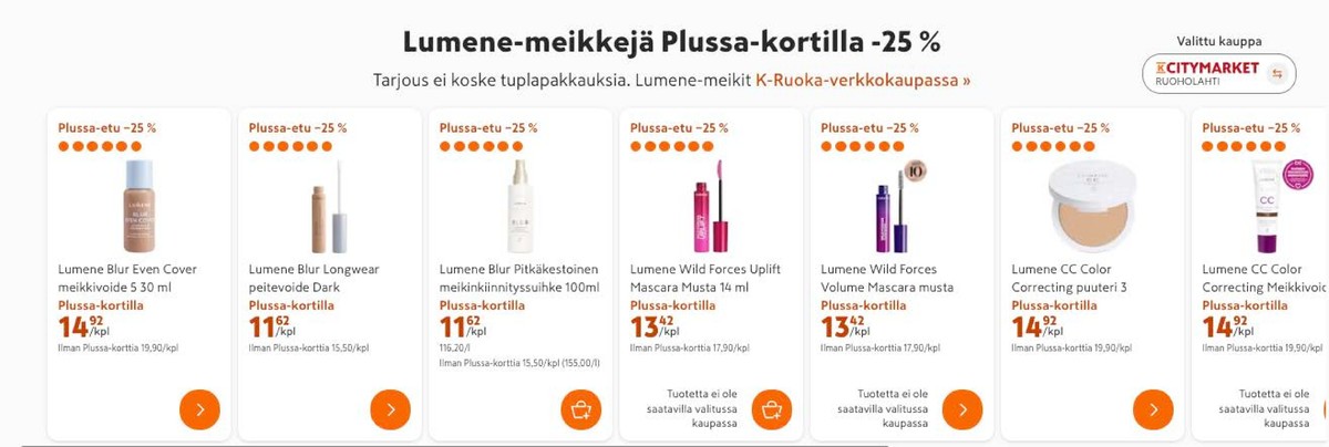 Katso ketjun K-Citymarket tarjouslehti viikolta 35 sivustolla Viikkotarjoukset.fi. Löydät monia hyviä tarjouksia erilaisista tuotteista, esimerkiksi meikkivoiteet lumene blur tai peitevoiteet lumene blur. Lue tarjouslehti täältä! Sivu 3