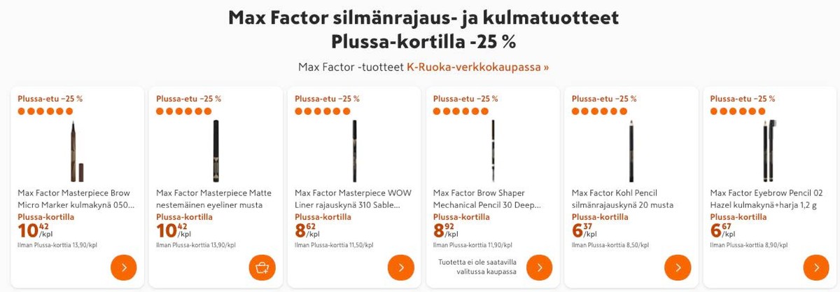 Katso ketjun K-Citymarket tarjouslehti viikolta 35 sivustolla Viikkotarjoukset.fi. Löydät monia hyviä tarjouksia erilaisista tuotteista, esimerkiksi kulmakynät max factor tai rajausvärit masterpiece. Lue tarjouslehti täältä! Sivu 8