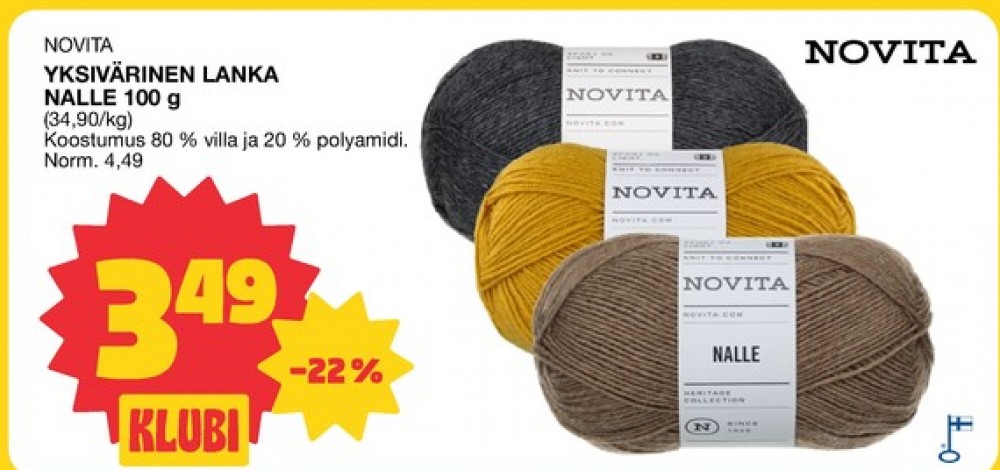 Tarjoukset ja hintavertailu haulla Novita, , Langat 0.100 kg 1 kappale €3.49