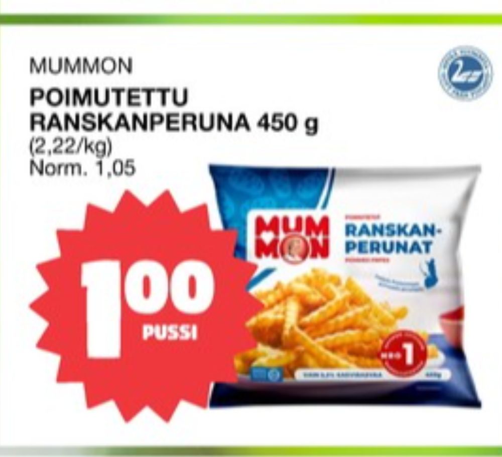 Tarjoukset ja hintavertailu haulla Mummon, , Aidot poimutetut ranskanperunat 0.450 kg 1 Pussi €1.00