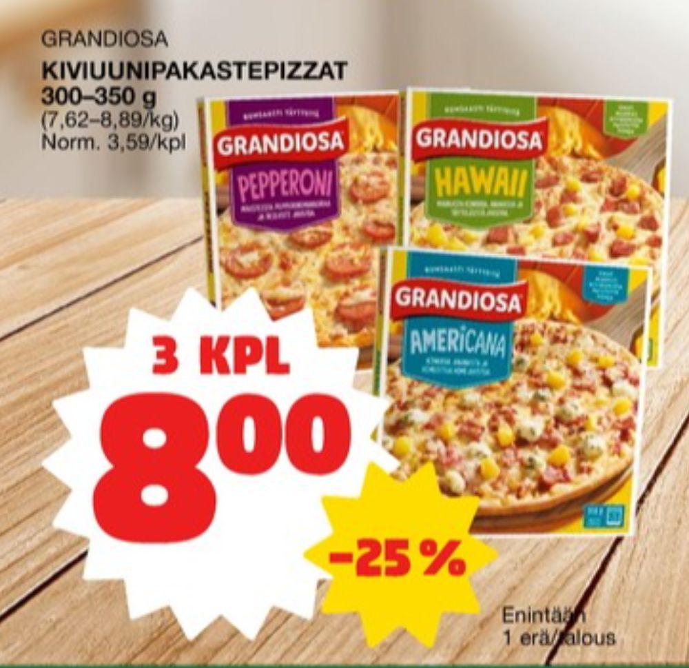 Tarjoukset ja hintavertailu haulla Grandiosa, , Americana pizza 0.310 kg 3 paketti(a) €8.00