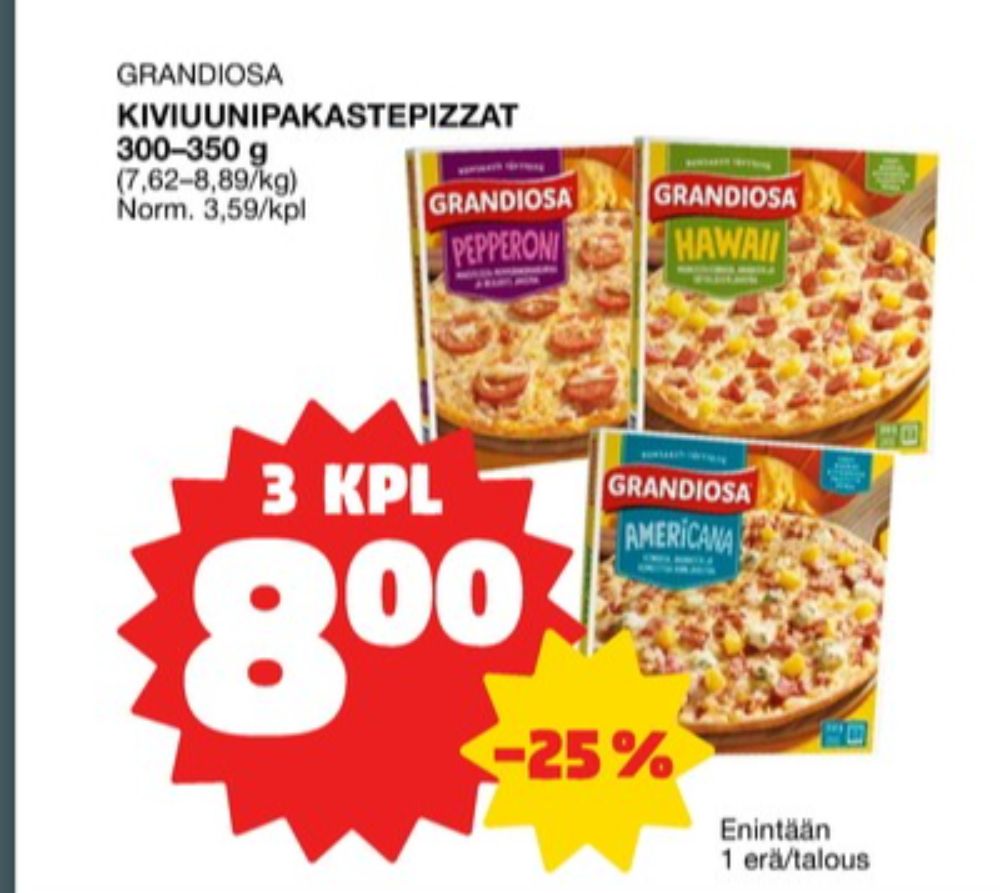 Tarjoukset ja hintavertailu haulla Grandiosa, , Americana pizza 0.310 kg 3 paketti(a) €8.00