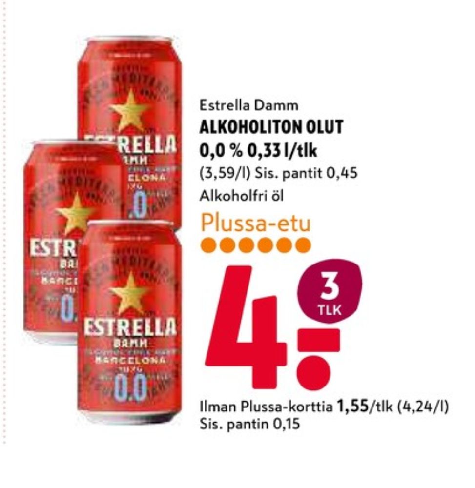 Tarjoukset ja hintavertailu haulla Estrella , , Alkoholittomat oluet 0.330 l 3 Tölkki(ä) €4.00