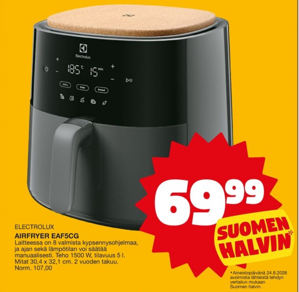 Tarjoukset ja hintavertailu haulla Electrolux, , Airfryer 0.000 kpl 1 kappale €69.99