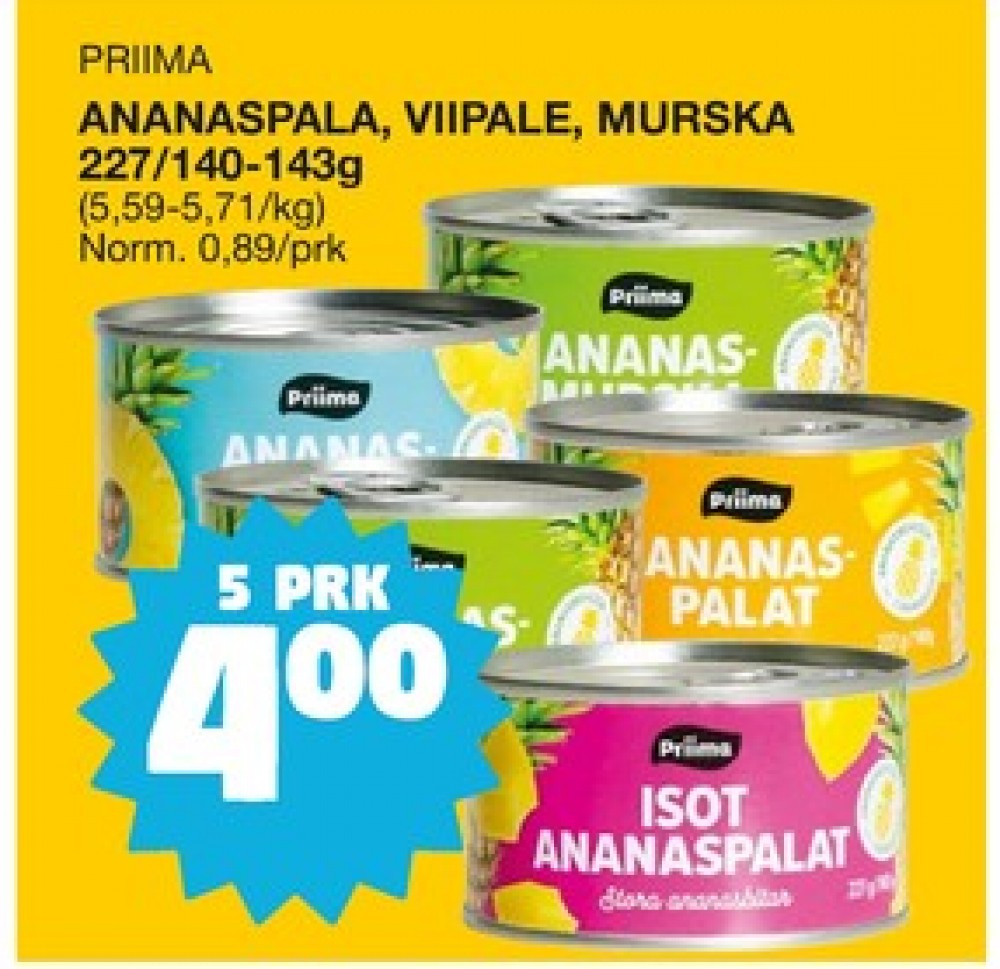 Tarjoukset ja hintavertailu haulla Priima, , Ananasmurska 0.140 kg 5 Tölkki(ä) €4.00