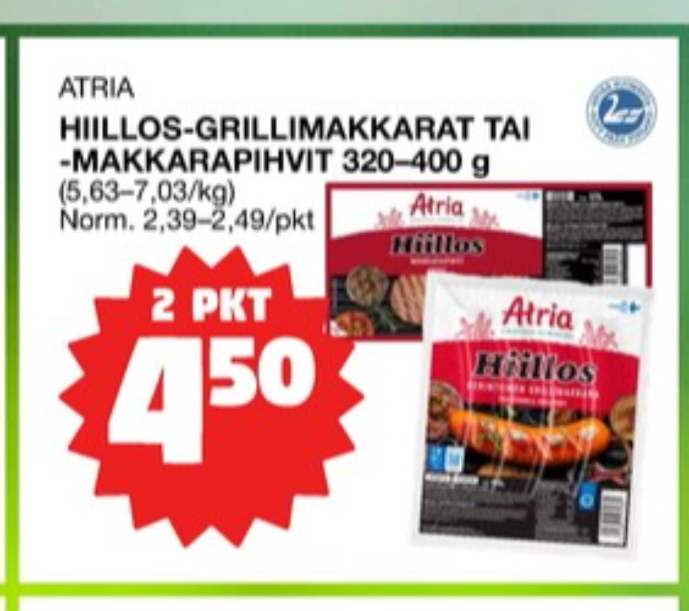 Tarjoukset ja hintavertailu haulla Hiillos, , Grillimakkarat 0.400 kg 2 paketti(a) €4.50
