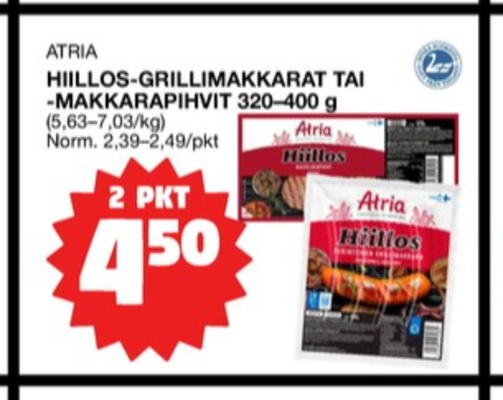 Tarjoukset ja hintavertailu haulla Hiillos, , Grillimakkarat 0.400 kg 2 paketti(a) €4.50