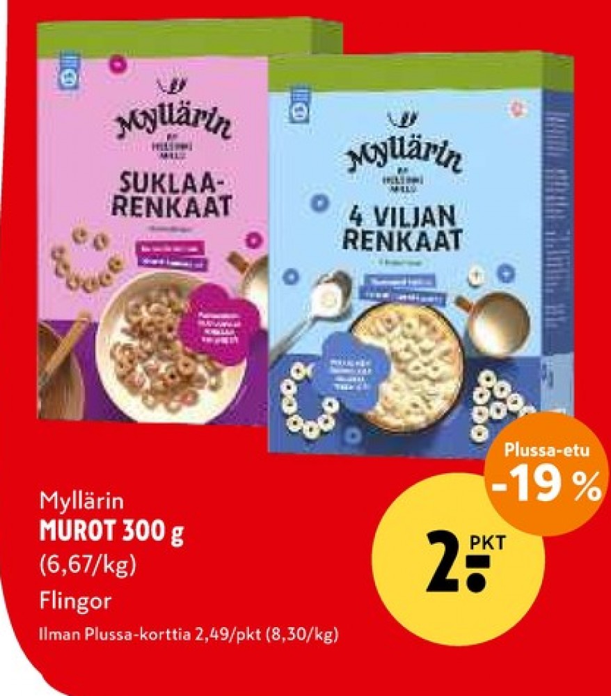 Tarjoukset ja hintavertailu haulla Myllärin, , Aamiaistuotteet 0.300 kg 1 paketti(a) €2.00