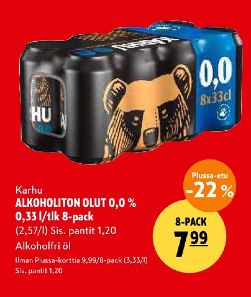 Tarjoukset ja hintavertailu haulla Karhu, , Alkoholiton olut 8 pk 0.330 l 8 Tölkki(ä) €7.99
