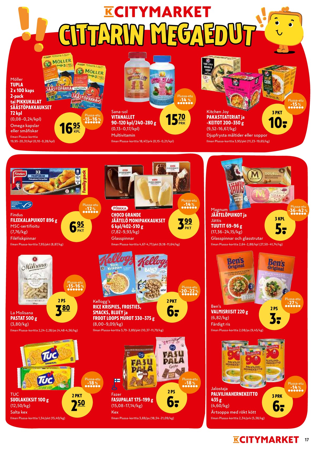 Katso ketjun K-Citymarket tarjouslehti viikolta 4 sivustolla Viikkotarjoukset.fi. Löydät monia hyviä tarjouksia erilaisista tuotteista, esimerkiksi suolakeksit tuc tai riisi ben's original. Lue tarjouslehti täältä! Sivu 17