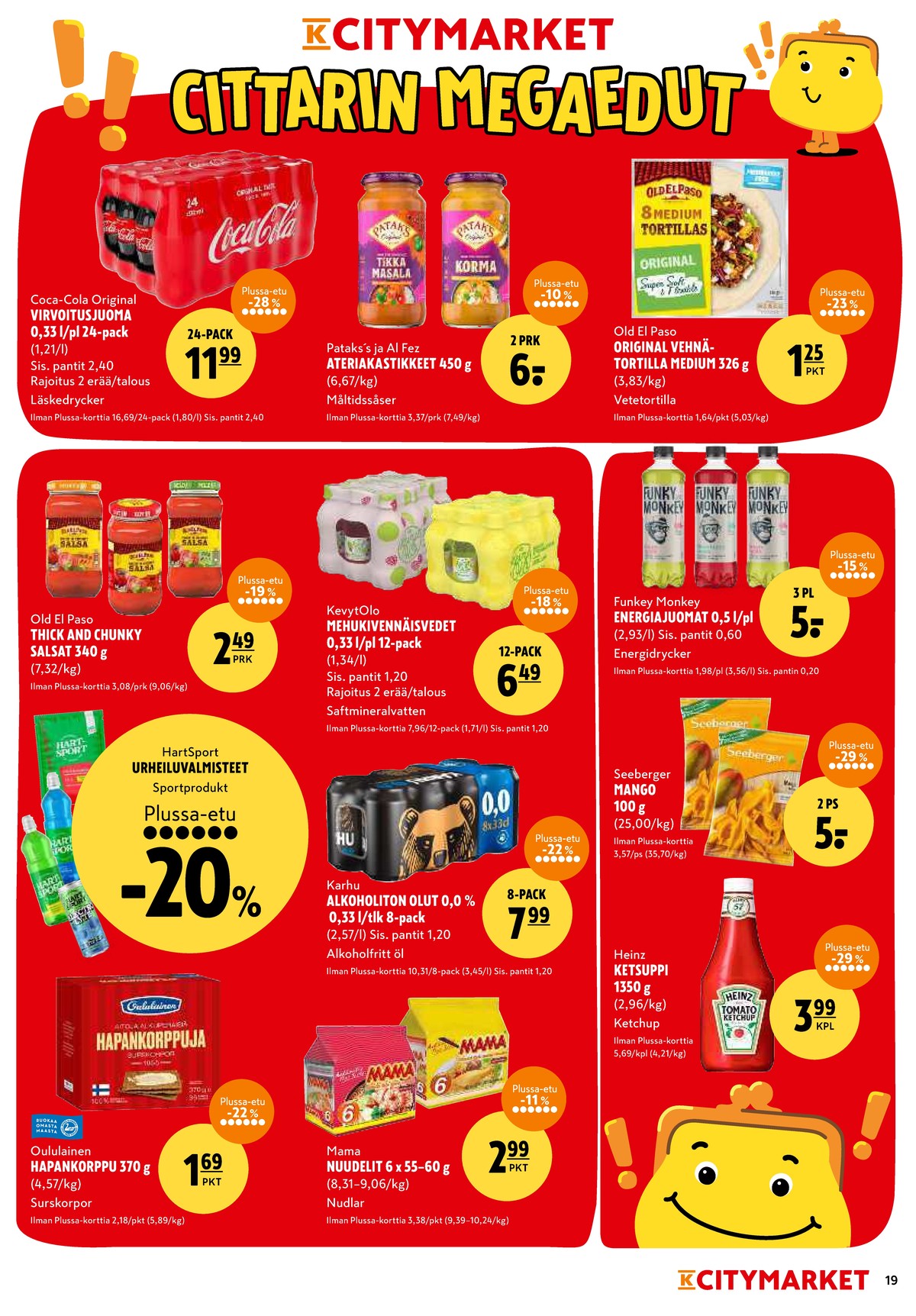 Katso ketjun K-Citymarket tarjouslehti viikolta 4 sivustolla Viikkotarjoukset.fi. Löydät monia hyviä tarjouksia erilaisista tuotteista, esimerkiksi hapankorput oululainen tai nuudelit mama. Lue tarjouslehti täältä! Sivu 19