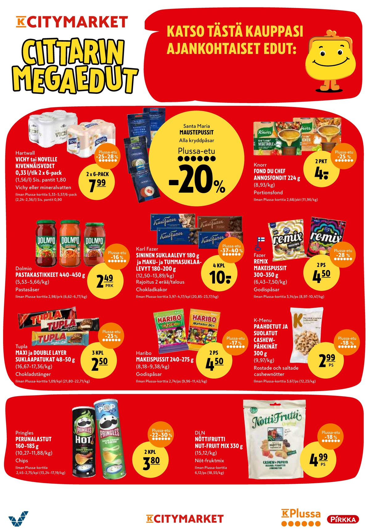 Katso ketjun K-Citymarket tarjouslehti viikolta 4 sivustolla Viikkotarjoukset.fi. Löydät monia hyviä tarjouksia erilaisista tuotteista, esimerkiksi kivennäisvesi 6 pk vichy tai makeiset movies. Lue tarjouslehti täältä! Sivu 20