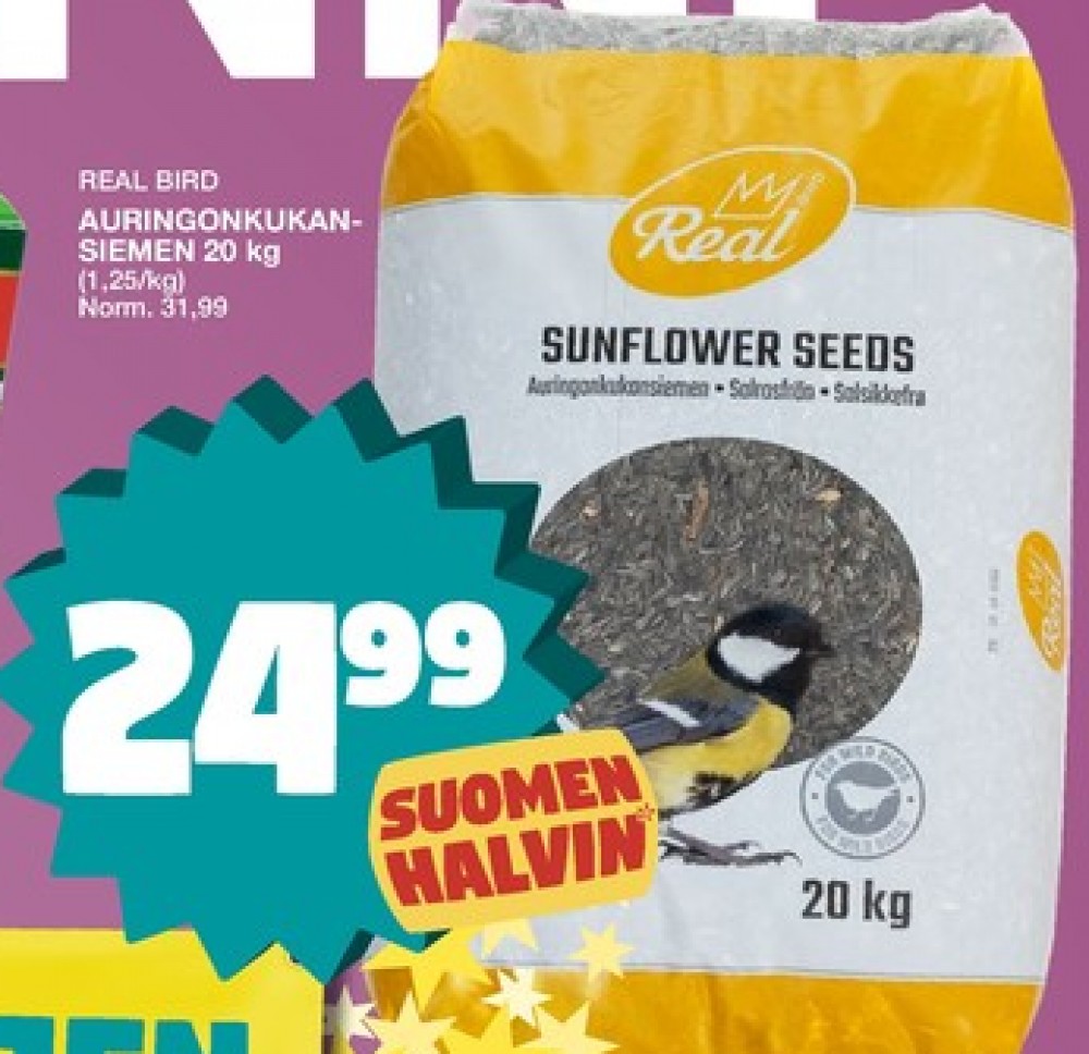 Tarjoukset ja hintavertailu haulla Real Bird, , Auringonkukansiemenet 20.000 kg 1 säkki €24.99