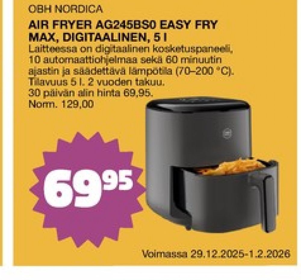 Tarjoukset ja hintavertailu haulla OBH Nordica, , Airfryer 0.000 kpl 1 kappale €69.95