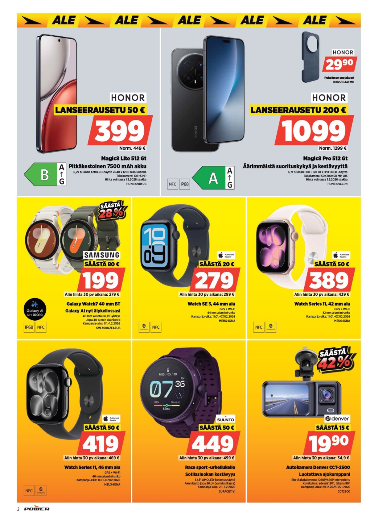 Katso ketjun Power tarjouslehti viikolta 4 sivustolla Viikkotarjoukset.fi. Löydät monia hyviä tarjouksia erilaisista tuotteista, esimerkiksi smart watch samsung galaxy watch tai smartphone honor magic8 lite. Lue tarjouslehti täältä! Sivu 2