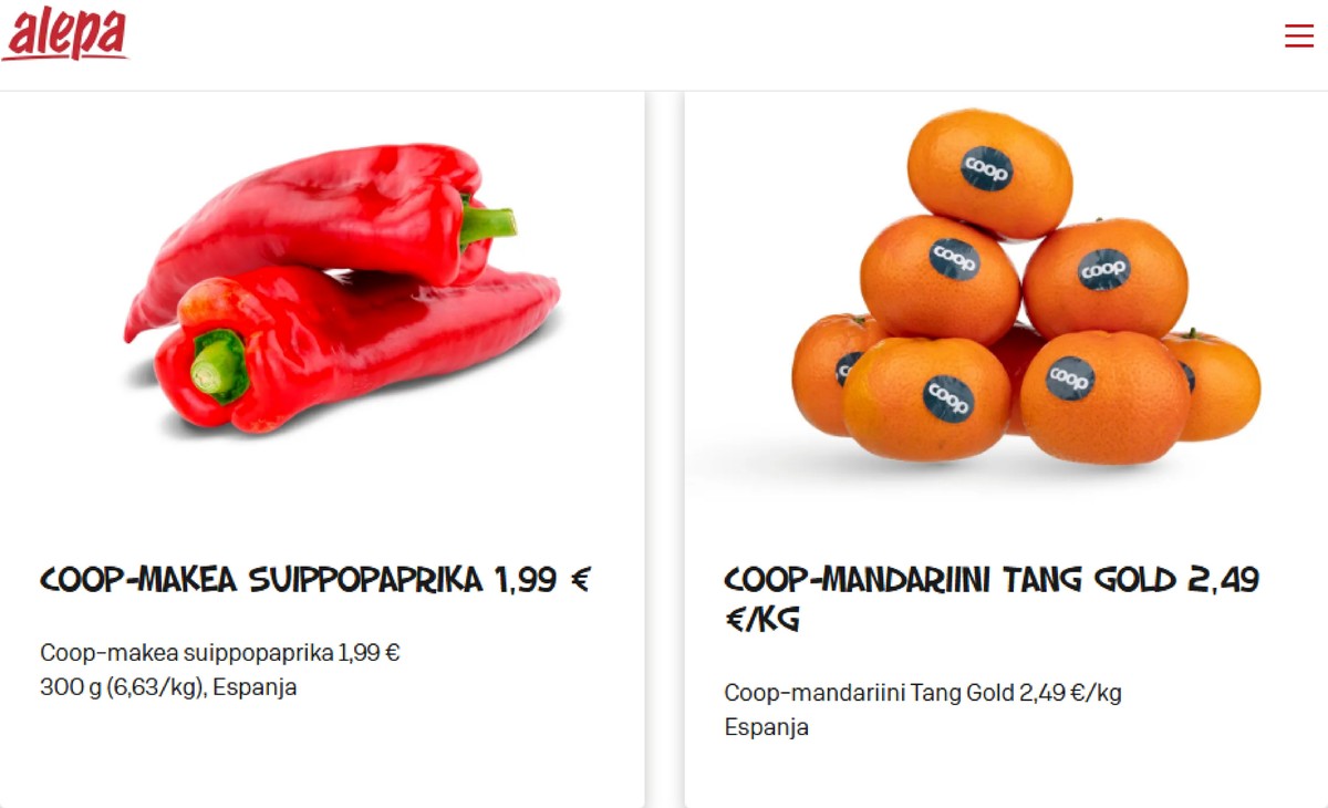 Katso ketjun Alepa tarjouslehti viikolta 4 sivustolla Viikkotarjoukset.fi. Löydät monia hyviä tarjouksia erilaisista tuotteista, esimerkiksi paprikat coop tai mandariinit coop. Lue tarjouslehti täältä! Sivu 2