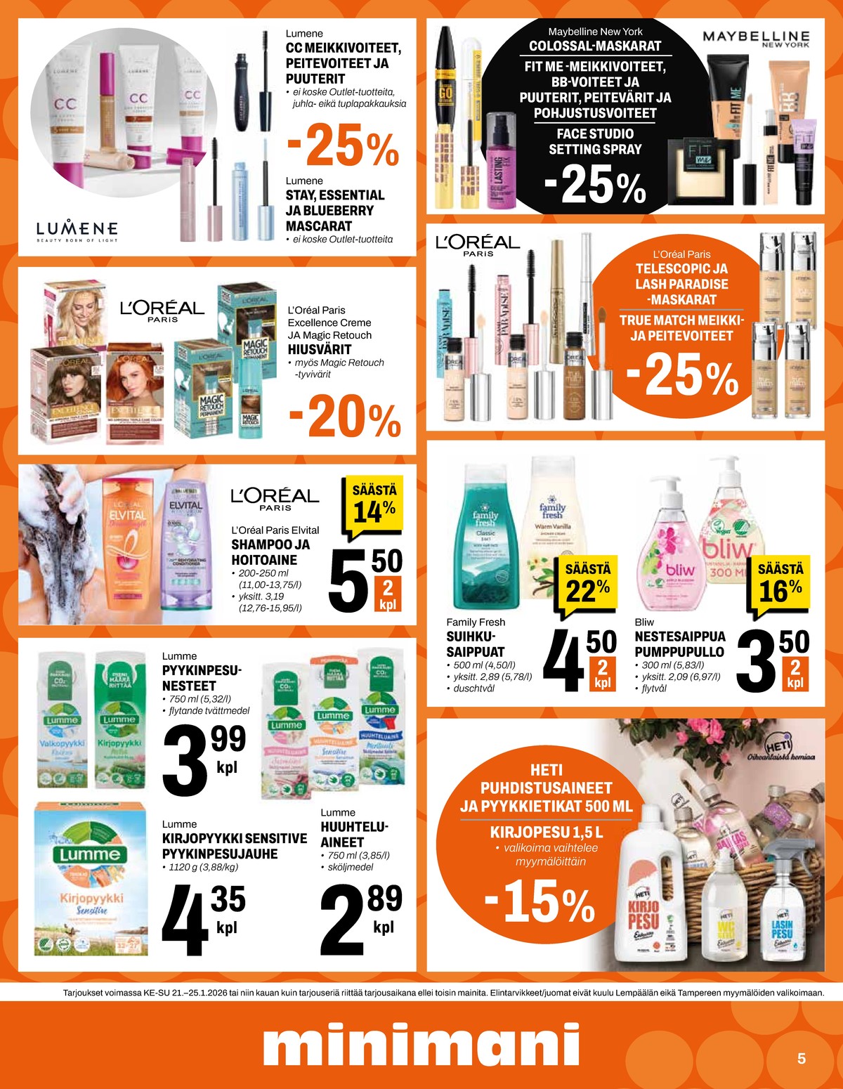 Katso ketjun Minimani tarjouslehti viikolta 4 sivustolla Viikkotarjoukset.fi. Löydät monia hyviä tarjouksia erilaisista tuotteista, esimerkiksi nestesaippuat bliw tai yleispuhdistusaineet heti. Lue tarjouslehti täältä! Sivu 5