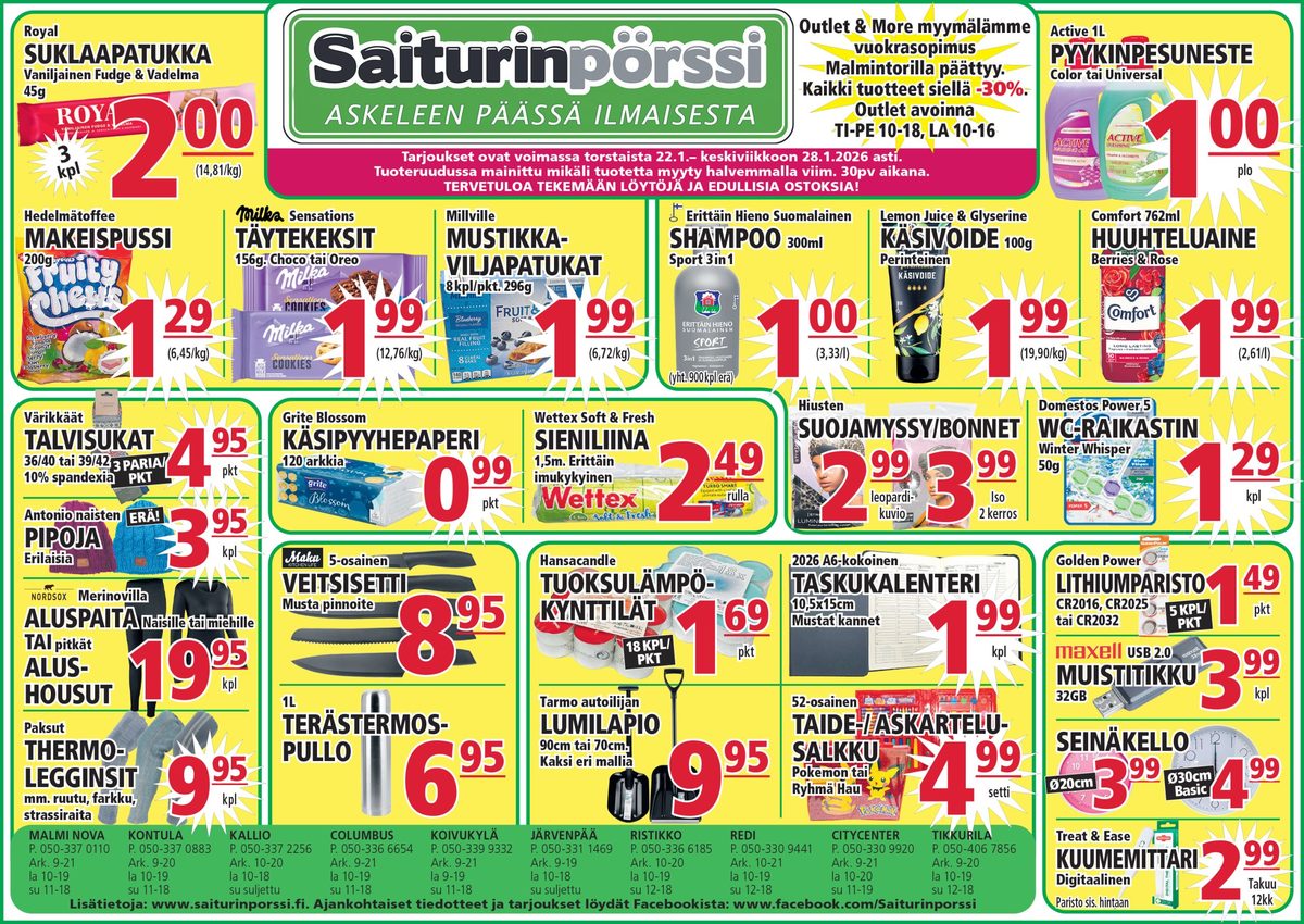 Katso ketjun Saiturin Pörssi tarjouslehti viikolta 4 sivustolla Viikkotarjoukset.fi. Löydät monia hyviä tarjouksia erilaisista tuotteista, esimerkiksi välipalat millville tai käsipyyhkeliuskat grite. Lue tarjouslehti täältä! Sivu 1