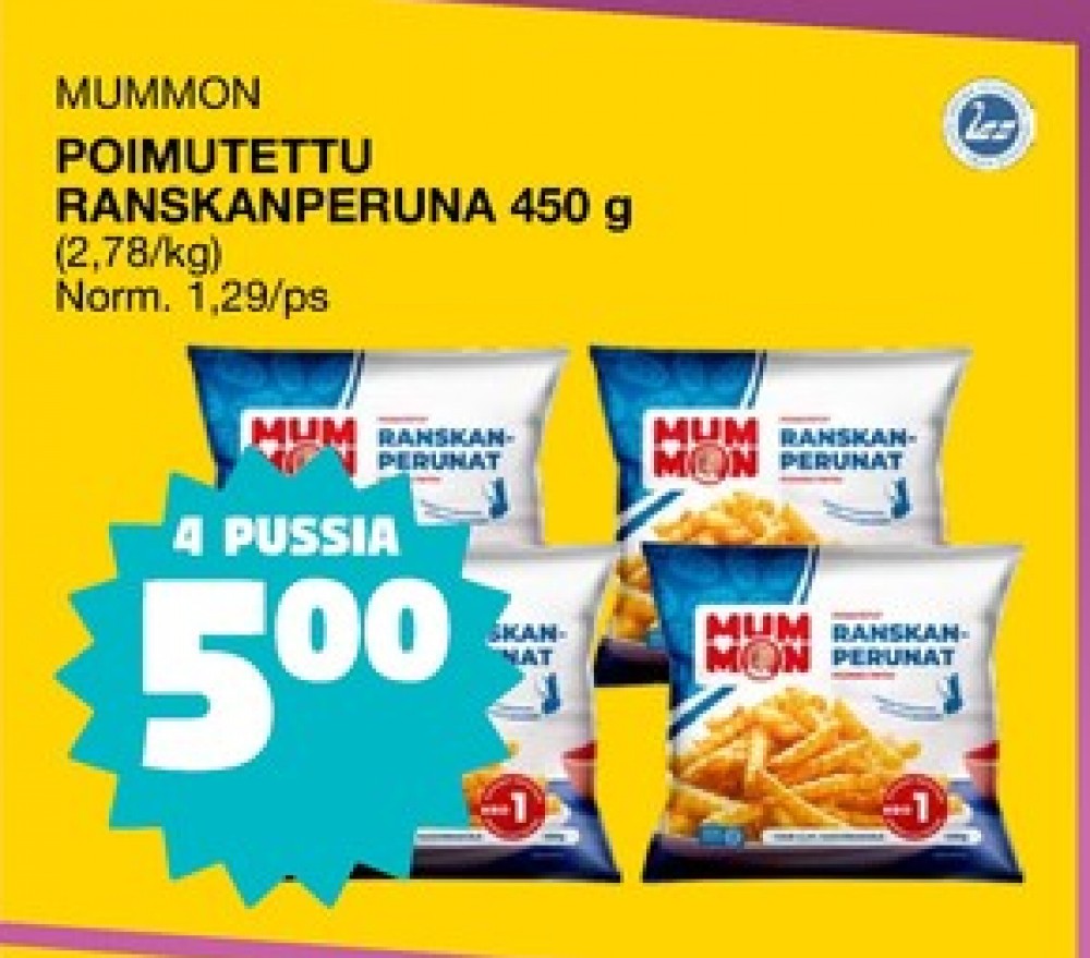 Tarjoukset ja hintavertailu haulla Mummon, , Aidot poimutetut ranskanperunat 0.450 kg 4 Pussi €5.00