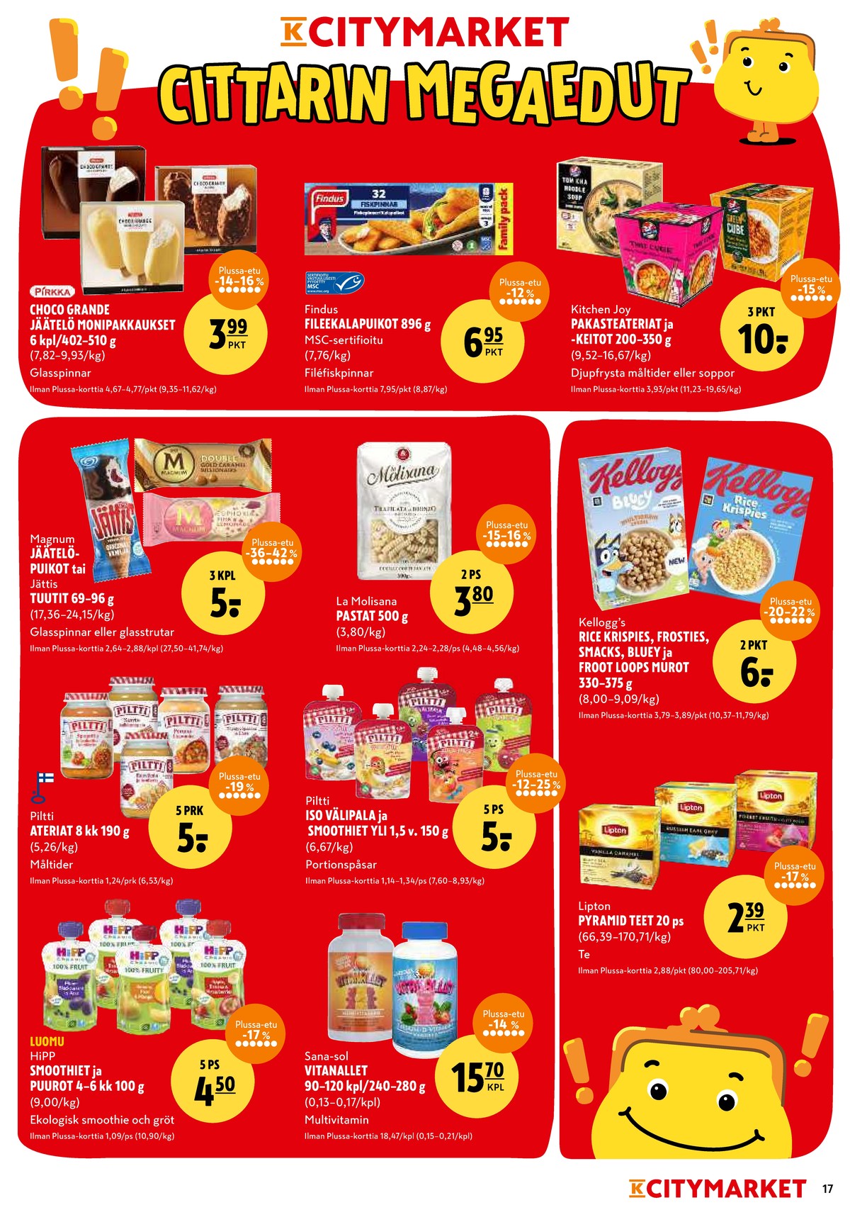 Katso ketjun K-Citymarket tarjouslehti viikolta 4 sivustolla Viikkotarjoukset.fi. Löydät monia hyviä tarjouksia erilaisista tuotteista, esimerkiksi smoothies hipp tai aamiaistuotteet rice krispies. Lue tarjouslehti täältä! Sivu 17