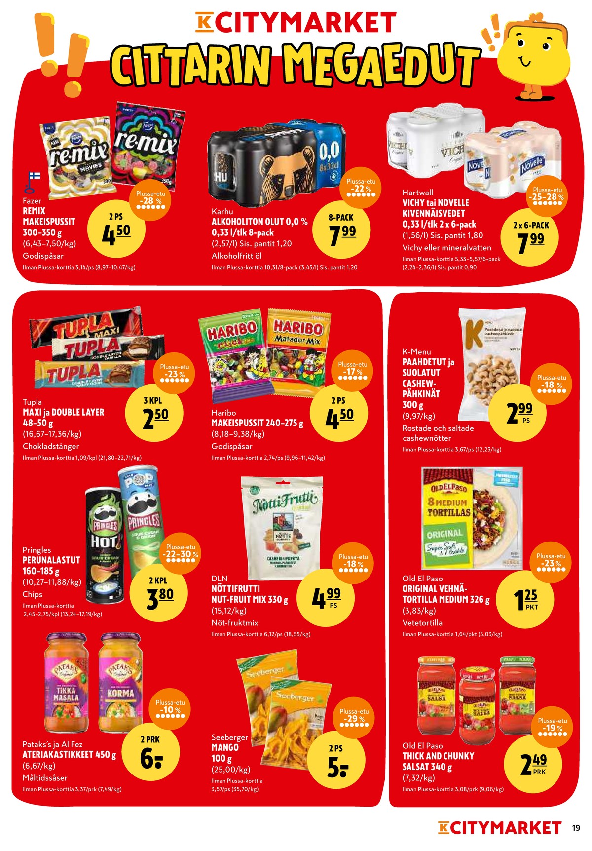 Katso ketjun K-Citymarket tarjouslehti viikolta 4 sivustolla Viikkotarjoukset.fi. Löydät monia hyviä tarjouksia erilaisista tuotteista, esimerkiksi korma kastike patak's tai tortilla wraps old el paso. Lue tarjouslehti täältä! Sivu 19